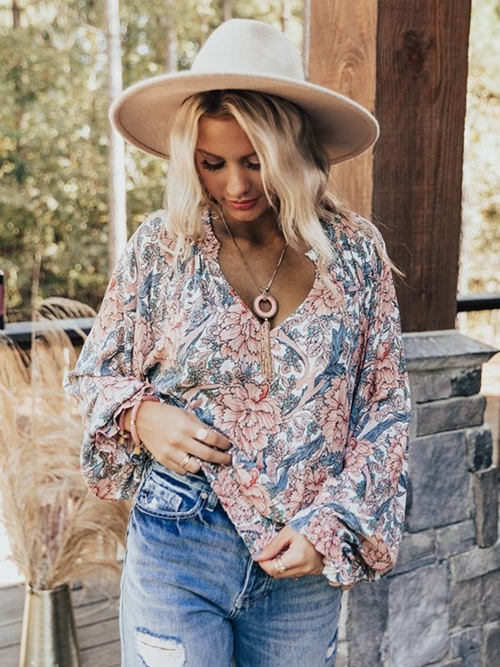 Meritt Floral V-Neck Peasant Blouse - Peach & Blue - Picture 15 of 16